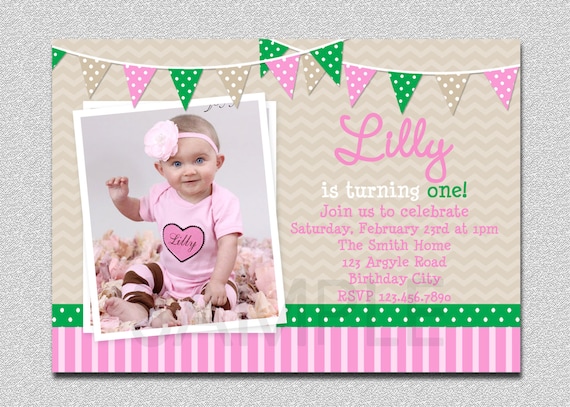 Preppy Bunting Girls Birthday Invitation GIrls 1st Birthday Party Invitation Printable Il_570xn