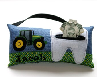 Boy's Green Tractor Personalized Tooth Fairy Pillows