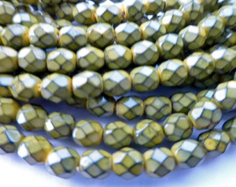 100 Czech Glass Fire Polish in a Mustard Snake Beads in size 6mm Round