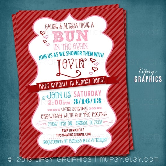Shower them with Lovin. Bun in the Oven Couple's Baby Shower Invite by Tipsy Graphics. Any colors Il_570xn