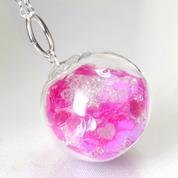Items similar to Icy pink heart blown glass ball silver plated necklace on Etsy