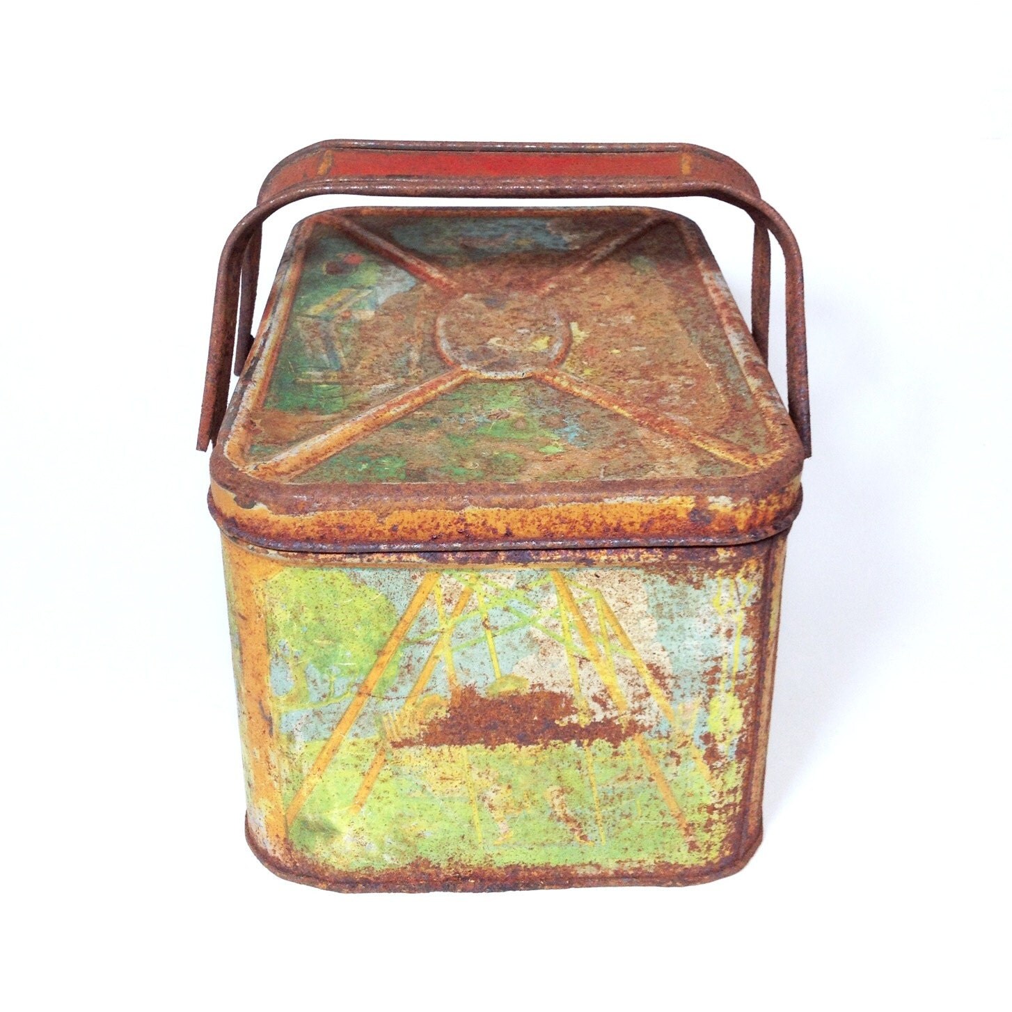 Antique Lunch Tin Lunch Box Rusty Playground Scene Red Green