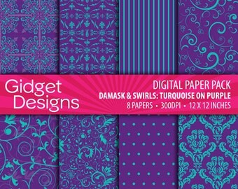 Purple Digital Paper Pack Damask Patterns Scrapbook Paper Turquoise Printable Paper