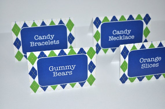 12 Birthday Tent Cards - Food Labels, Placecards - Argyle Birthday Party - Blue and Green - Personalized Il_570xn