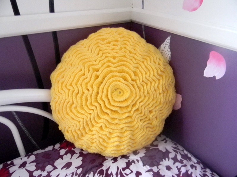 Crochet round pillow ruffle rose pillow in yellow color READY