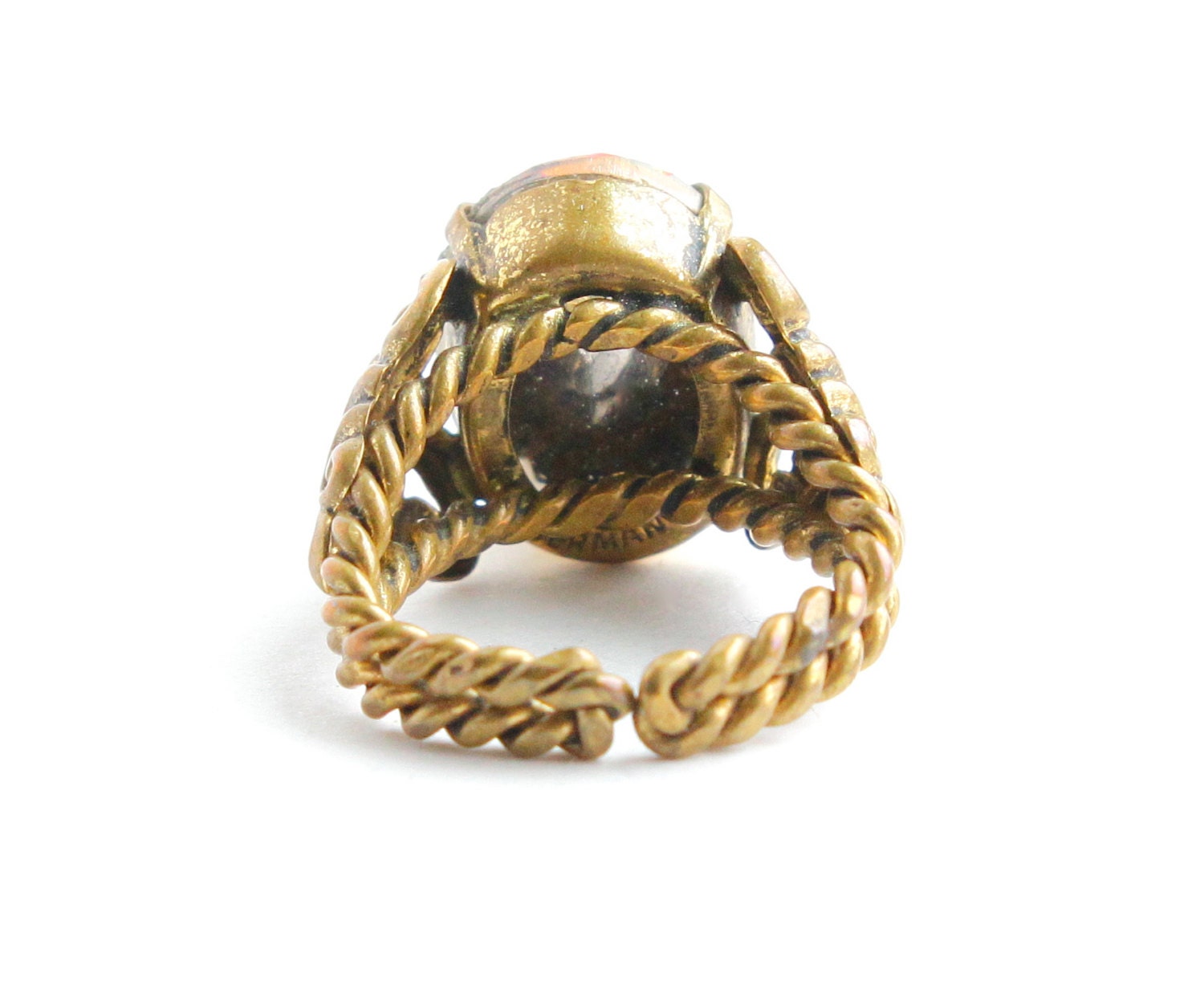 Vintage Brass Rainbow Crystal Ring Adjustable German