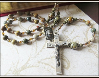 Red Creek Jasper Rosary w/ Bronze Ecce Uomo Center, LAST ONE Free Shipping