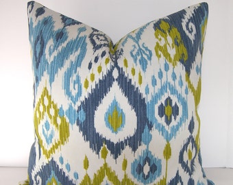 Indoor/Outdoor Ikat Pillow Cover / Teal / Dark Blue / Chartreuse and Ivory