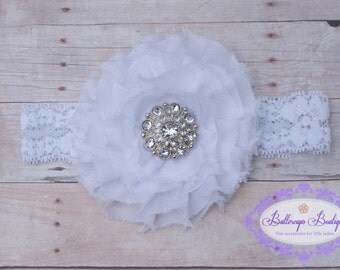 Baby headband, infant headband, newborn headband, white frayed flower on matching lace headband