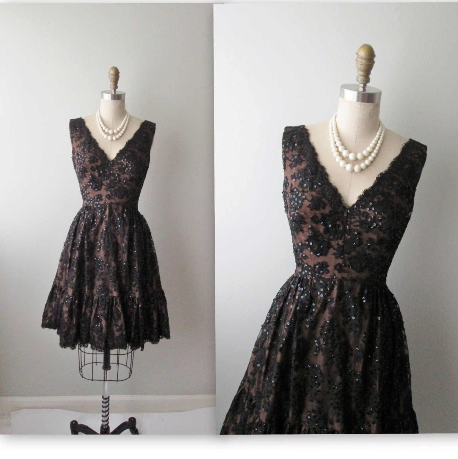 50s Cocktail Dress // Vintage 1950's Black Lace Illusion