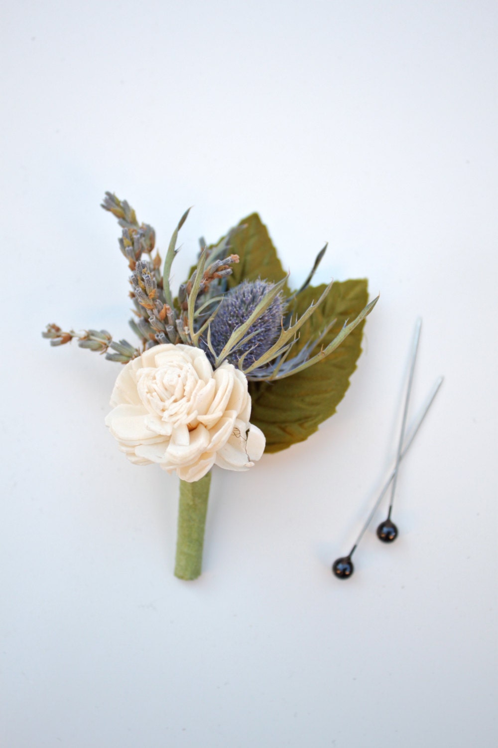 Sola Boutonniere with Lavender and Thistle by Eucca on Etsy