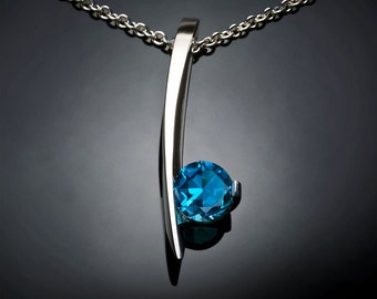 London Blue Topaz necklace, blue topaz pendant, December birthstone, contemporary jewelry, Argentium silver, modern necklace, for her - 3458
