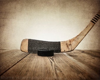 Vintage Hockey Stick and Puck on Wood Photo Photographic art Print, Boys Room decor, Boys Nursery Ideas, Sports art, Sport Prints, Man Cav