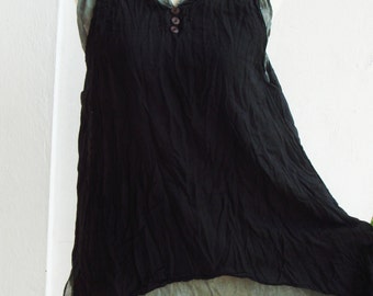 B5, Dark Night Two Tone Two Layers Sleeveless Black Cotton Blouse