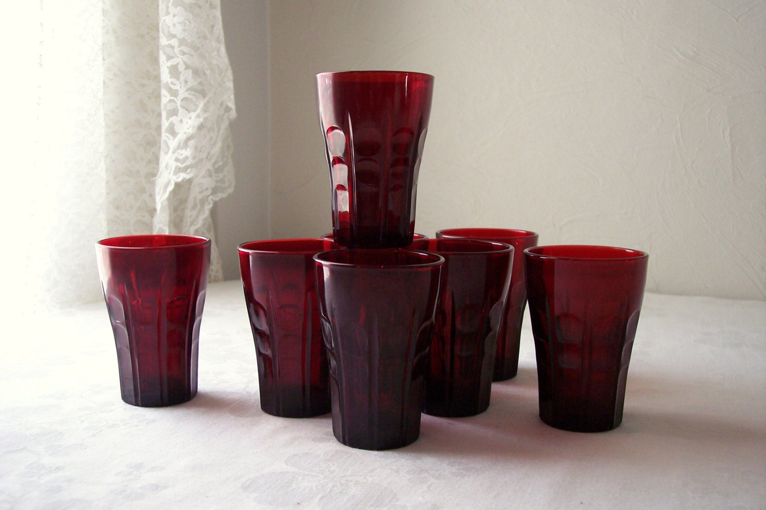 vintage ruby red juice glass anchor hocking high point set