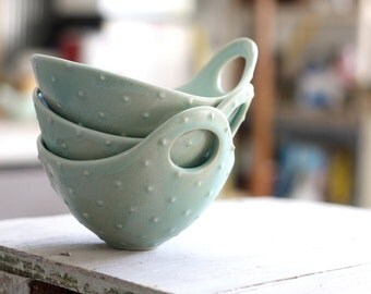 Pottery Bowl - Seafoam Green Dot Bowl with Handle - Noodle Bowl