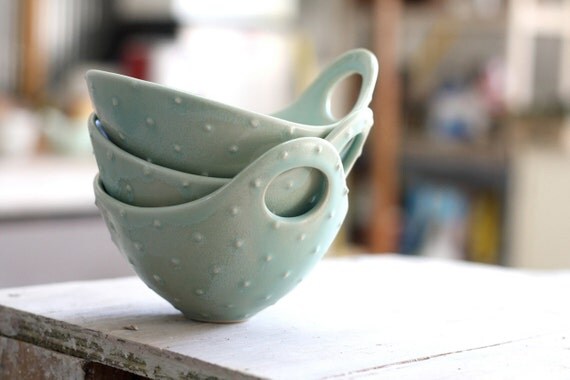 Pottery Bowl - Seafoam Green Dot Bowl with Handle - Noodle Bowl