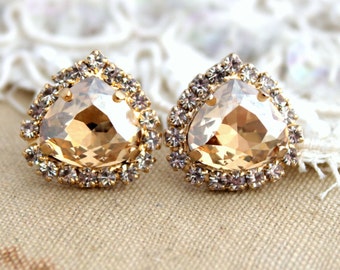 Champagne Crystal stud Petite vintage earring - 14k 1 micron Thick plated gold post earrings real swarovski rhinestones.