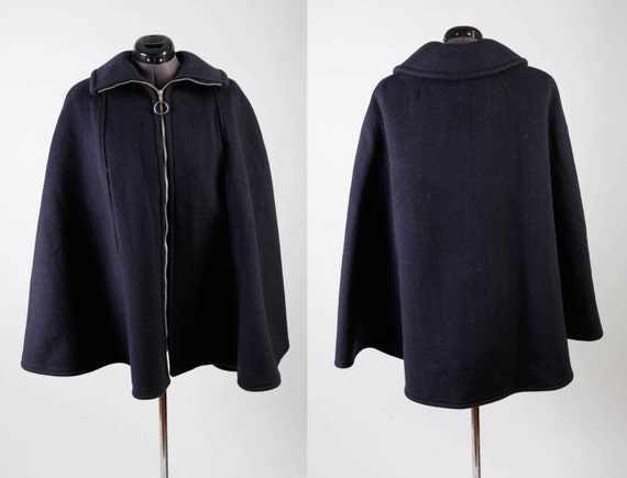 Navy Blue Wool Short Vintage Cape with Plaid Lining By