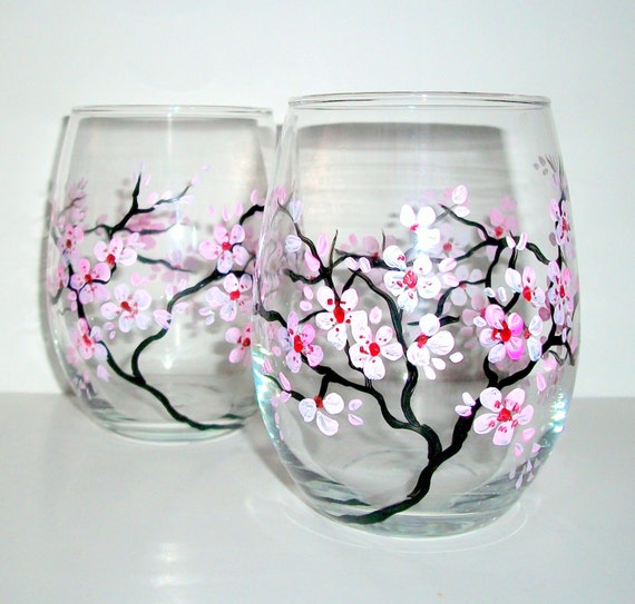 wine glass glasses painted hand cherry spring stemless blossoms crafts pink diy anniversary bottles painting paint oz bottle order something