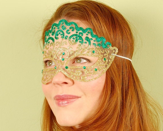 SHEER MASK Emerald and Gold Irish Princess masquerade mask