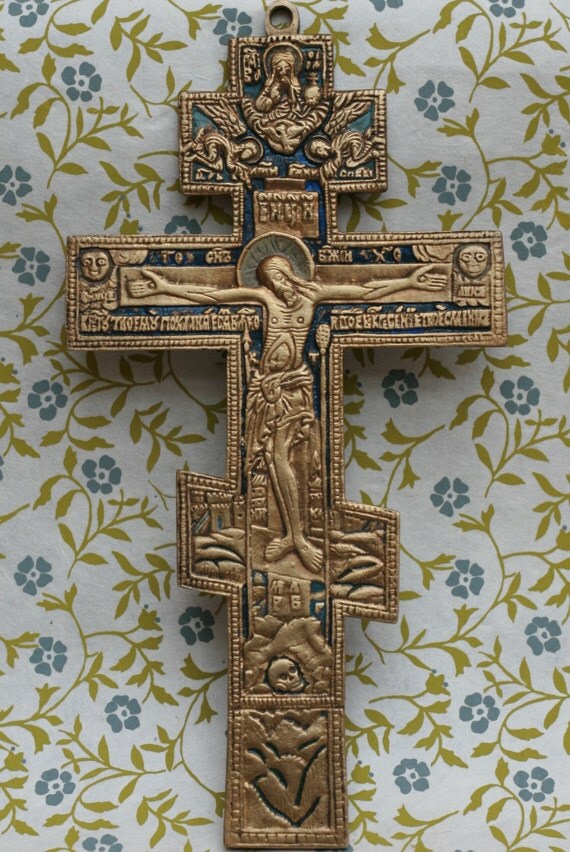 Antique Russian Orthodox Crucifix Enamel Icon from 19th