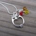 Owl Necklace- Silver- with Red, Orange, and Yellow Swarovski Crystal Accent Beads