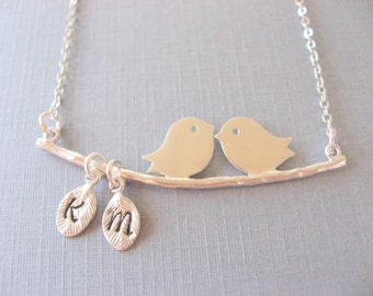 Personalized Necklace, Silver Love Bird Necklace with Two Initial Pendant Necklace, Mothers Necklace, Anniversary Gift, Gift for Her