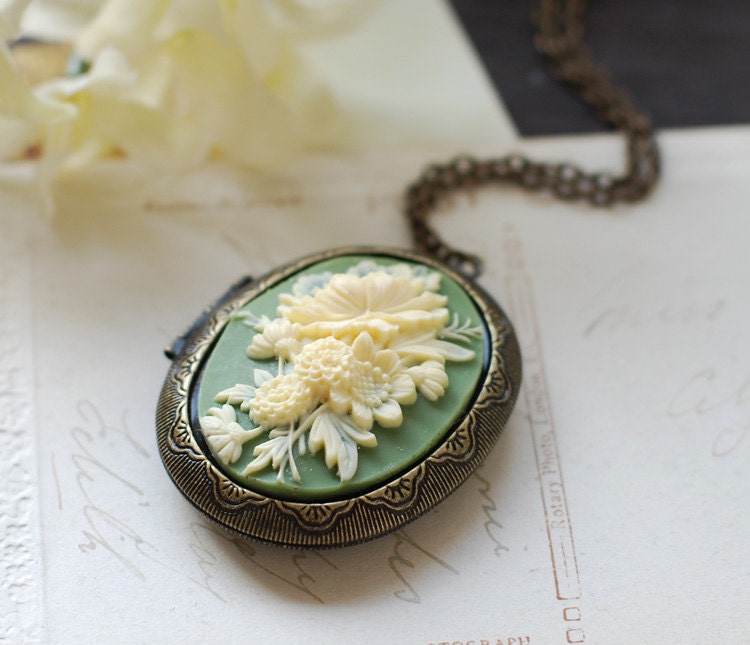 Cameo Locket Necklace Sage Green Ivory Floral Cameo Necklace 8418