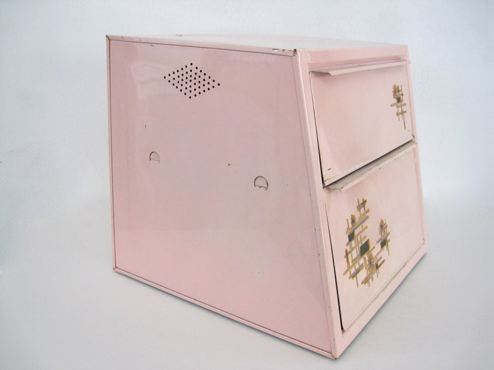 Vintage Metal Bread Box Tin Atomic Pink Kitchen Home Decor