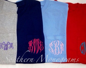 SALE Personalized Monogrammed LONG SLEEVE Pocket Tshirt Tee T Shirt monogram Initials Lime Green, White, Navy, etc