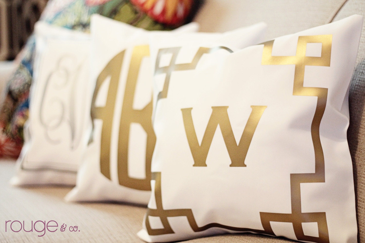 METALLIC monogrammed throw pillow 14x14 copper gold or