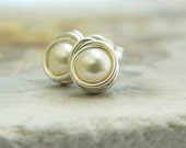 Pearl stud earrings, post earrings, wire wrapped jewelry, simple pearl earrings