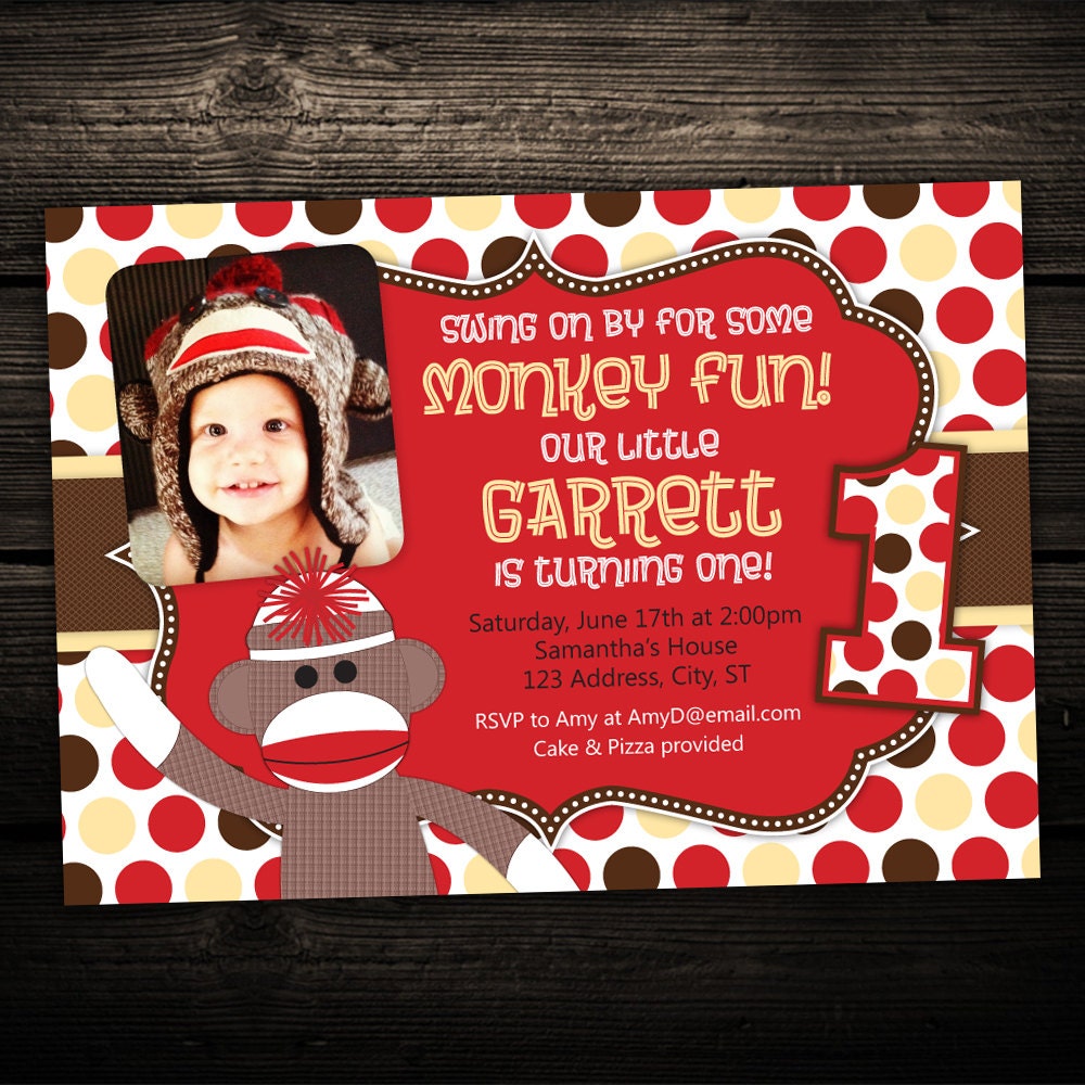 Sock Monkey First Birthday Invitations 6