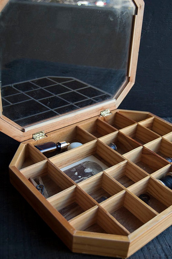 Wooden Divided Display Box Curio Shelf Case with Glass Door