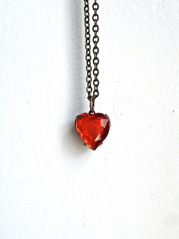 Vintage Red Glass Heart & Brass Necklace by SQUAREPEGMEG on Etsy