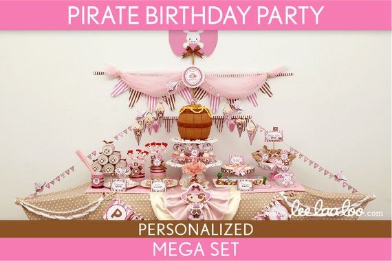 Pirate Birthday Party Package Collection Set Mega Personalized Printable // Pirate Girl Pink Brown - B9Pz2 Il_570xn