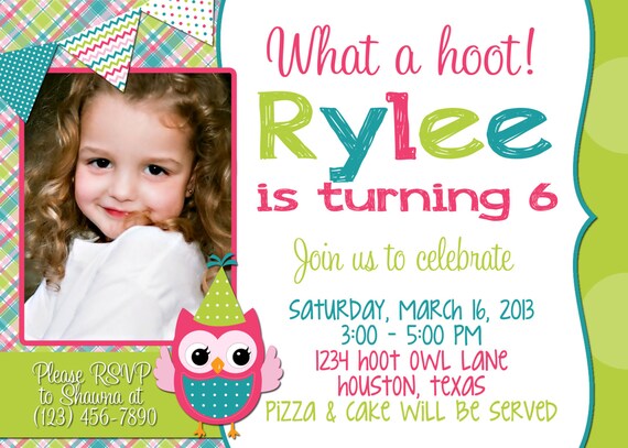 Owl 5x7 Photo Birthday Invitation - Girl PRINTABLE Il_570xn