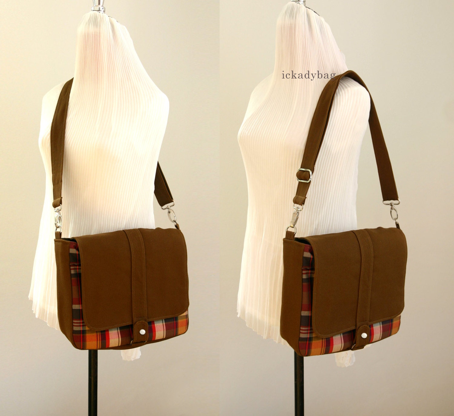 SALE Brown Messenger Bag with Plaid and Waterresistant