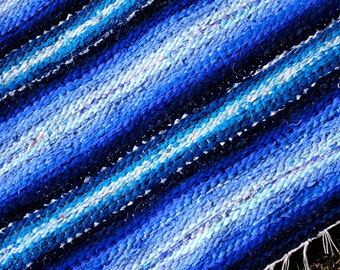 Handwoven rag rug -4.59' x 6' blue stripes, ready for sale