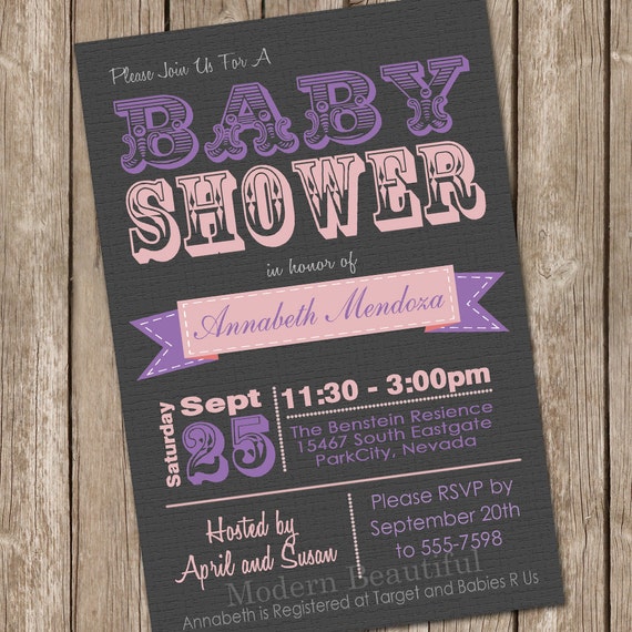 Girl Baby Shower Invitation Pink and Grey Purple printable