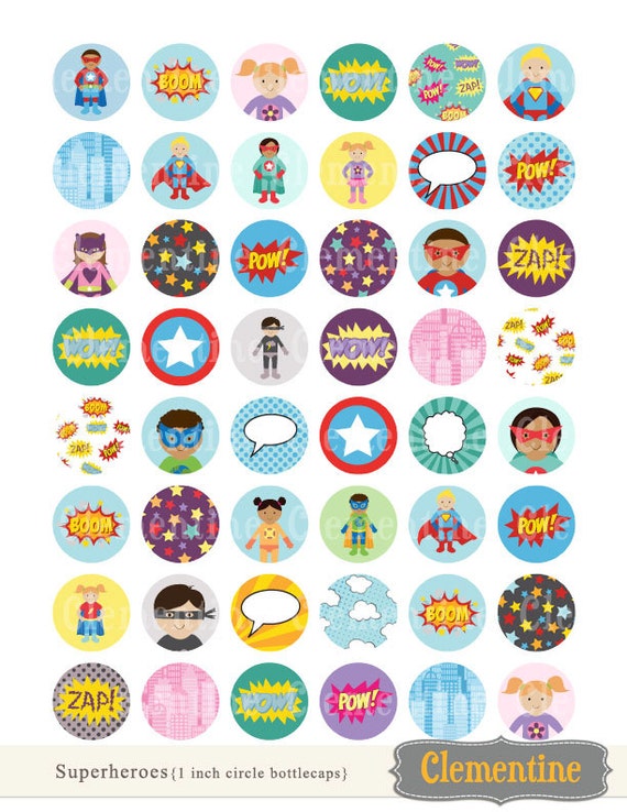 Superhero bottle cap images, bottlecap images, one inch circles, royalty-free, digital collage sheet- Instant Download Il_570xn