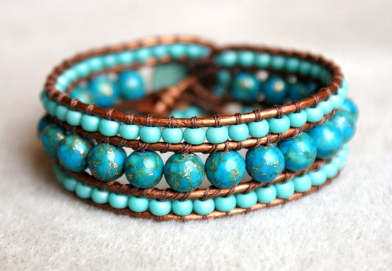 Blue Turquoise With Pyrite leather bracelet wide cuff Shabby