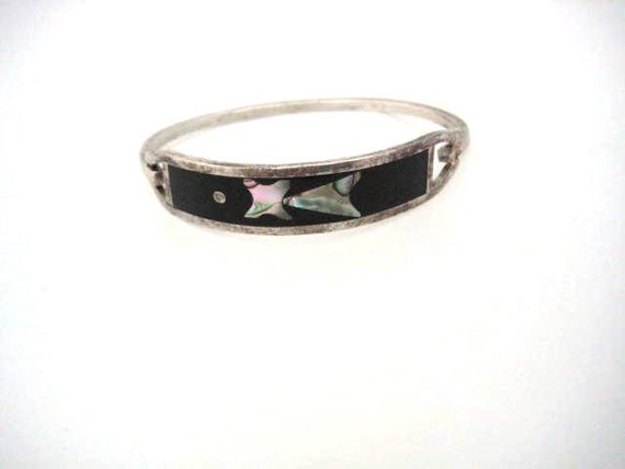 Vintage Sterling Silver Bangle Bracelet Black Onyx and Abalone Inlay