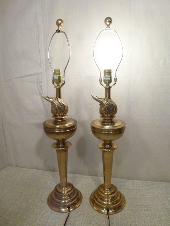 Mid Century Brass Lamps Sunset Lamp Corp Pair by bluejeanjulie