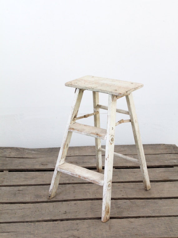 Vintage Step Ladder / White Wood Stool