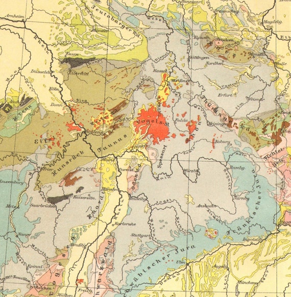 1890 Original Antique Geological Map of by CabinetOfTreasures