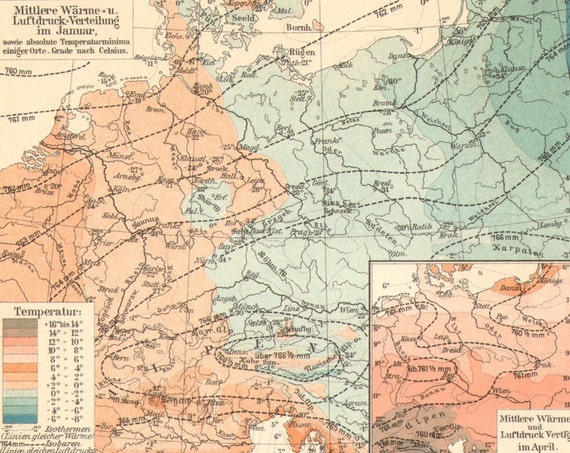 1905 Original Antique Climate Map of Germany by CabinetOfTreasures