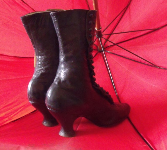 Vintage Black Leather Granny Boots With Louis Heel Steampunk