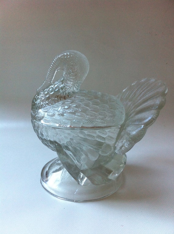 Clear Pressed Glass Turkey Dish / L.E. Smith